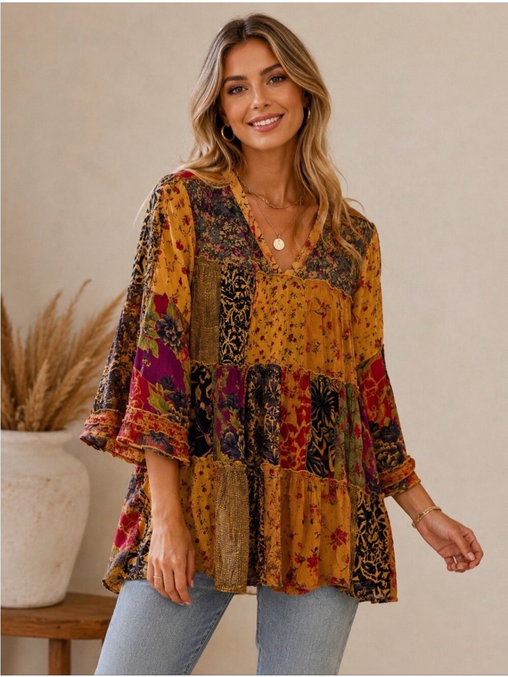 K153 Young Threads Women’s Long Sleeve Relaxed VNeck Patchwork Boho Style Tunic